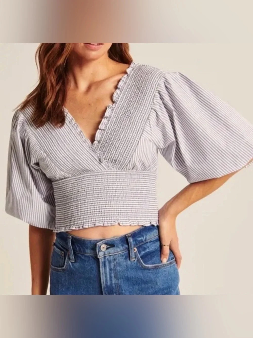 Abercrombie Smocked Poplin Puff Sleeve Top in White